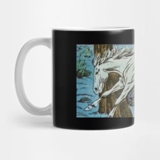 Black and white horses fly over the fence Mug